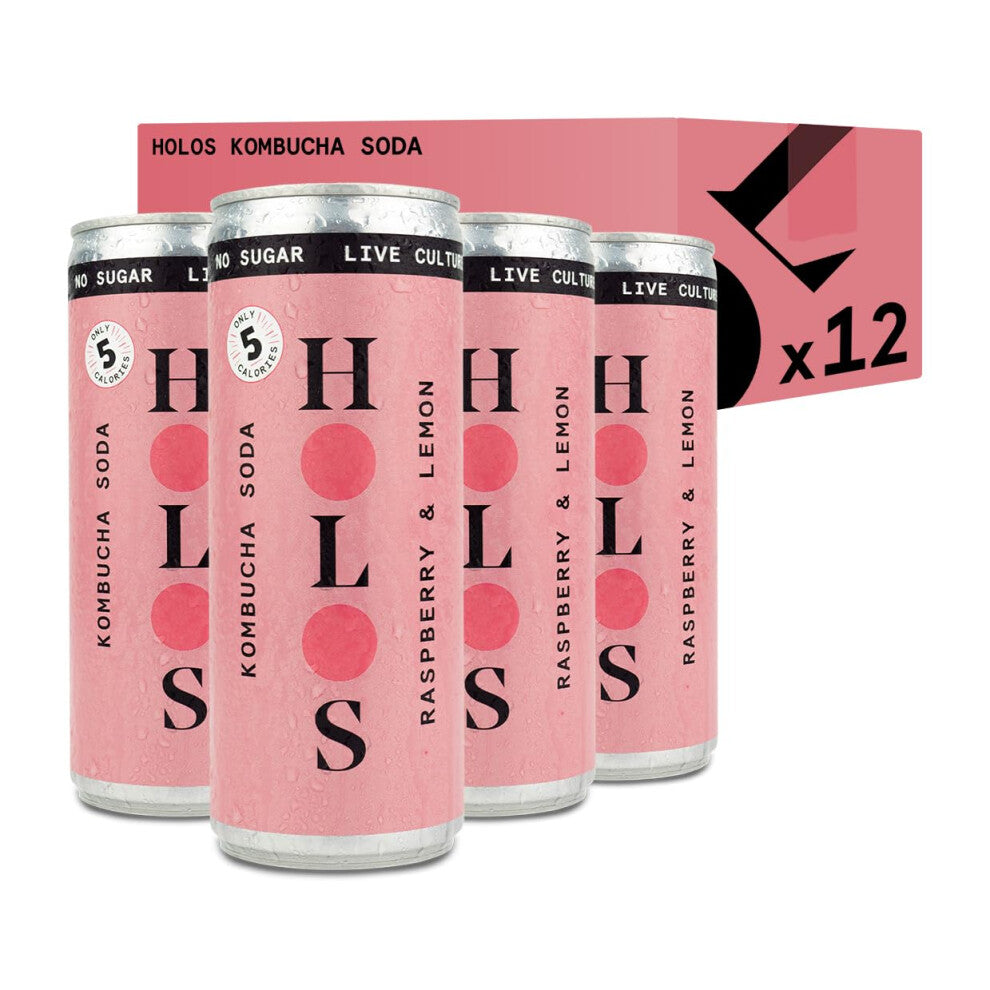 HOLOS Kombucha Soda - Raspberry & Lemon Sparkling Kombucha Drink - Vegan Sugar Free Drinks - Gluten Free Live Culture Drink - 12 x 250ml Kombucha Cans