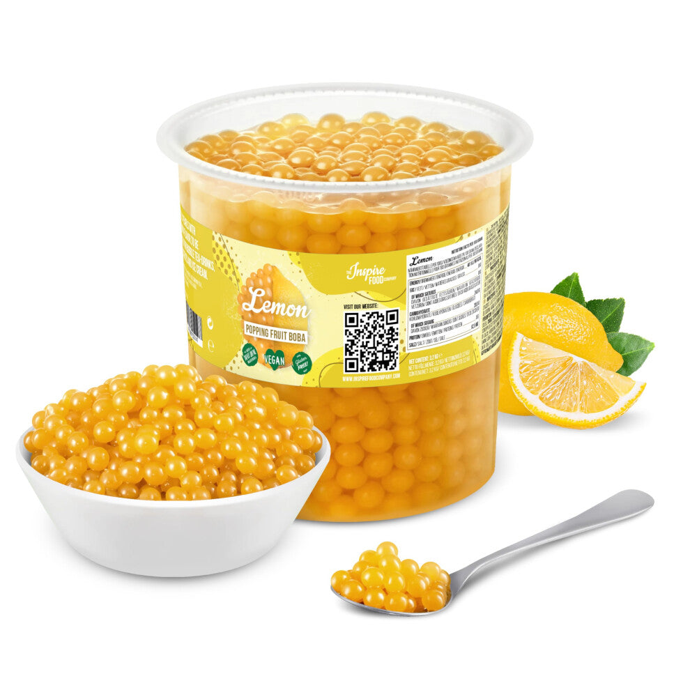The Inspire Food Company Popping Boba Pearls for Bubble Tea - 3.2KG | Lemon | Bursting Pearls Bubble | Real Fruit Juice For Shakes, Smoothie | 100%