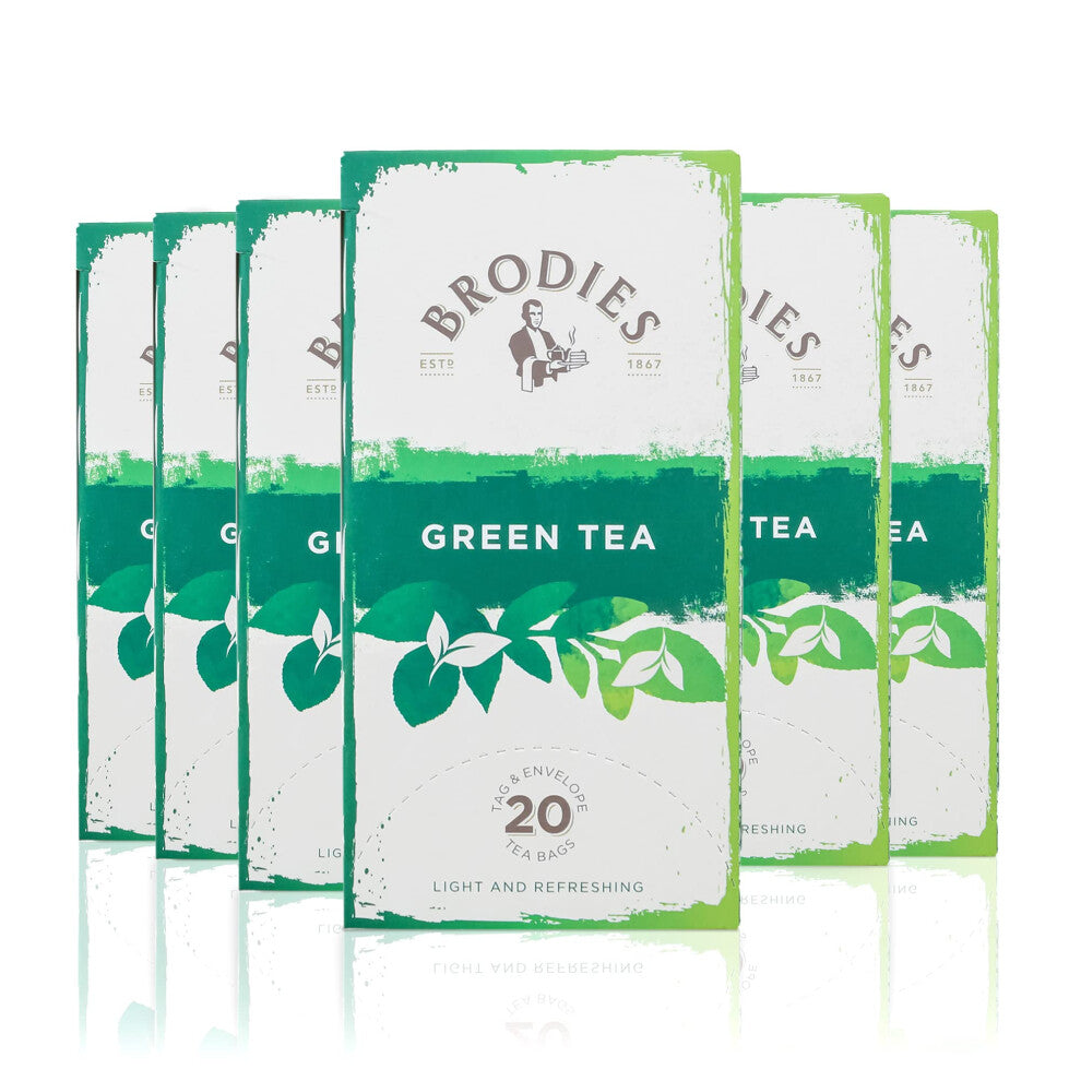 Brodies Green Tea Tag and Envelope - 6 Tea Boxes of 20 Tea Bags each (Total 120 Tea Bags) - Light and refreshing blend of pure Sencha Green Tea, rich