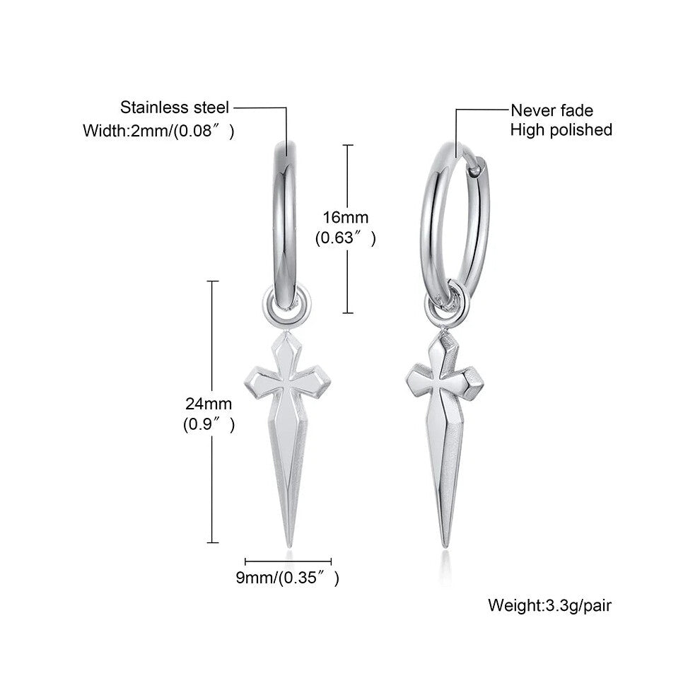 (1 pair) Mens Huggie Hoops Earring Minimal Sword Cross Dangles Stainless Steel Earrings