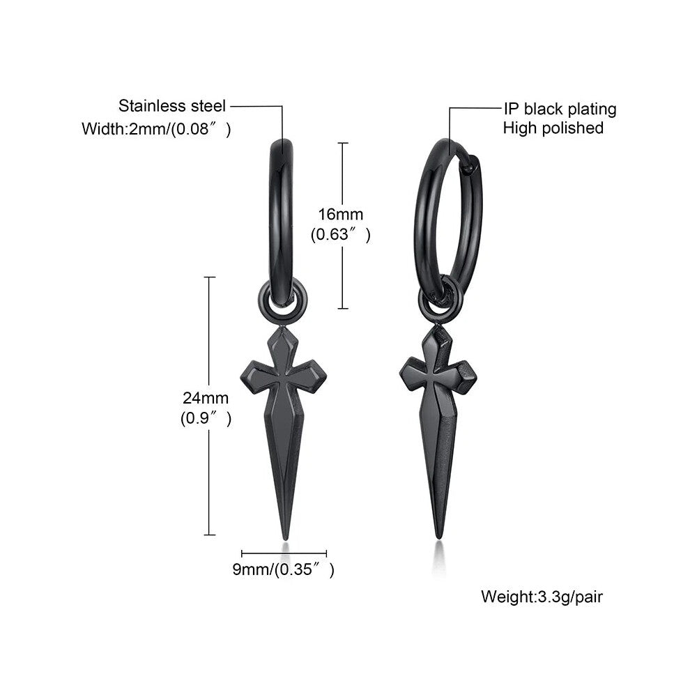 (1 pair 2) Mens Huggie Hoops Earring Minimal Sword Cross Dangles Stainless Steel Earrings