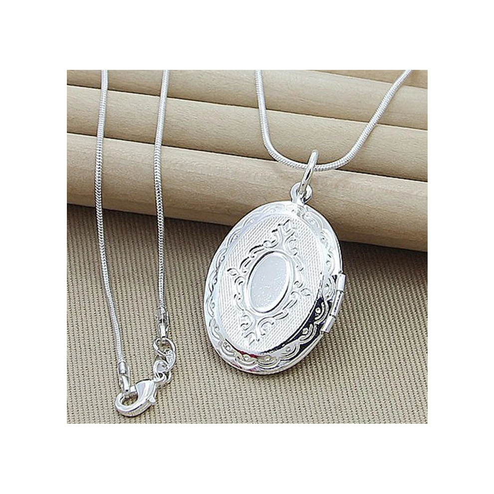 (65cm) 925 Sterling Silver Oval Round Photo Frame Pendant Womens Necklace