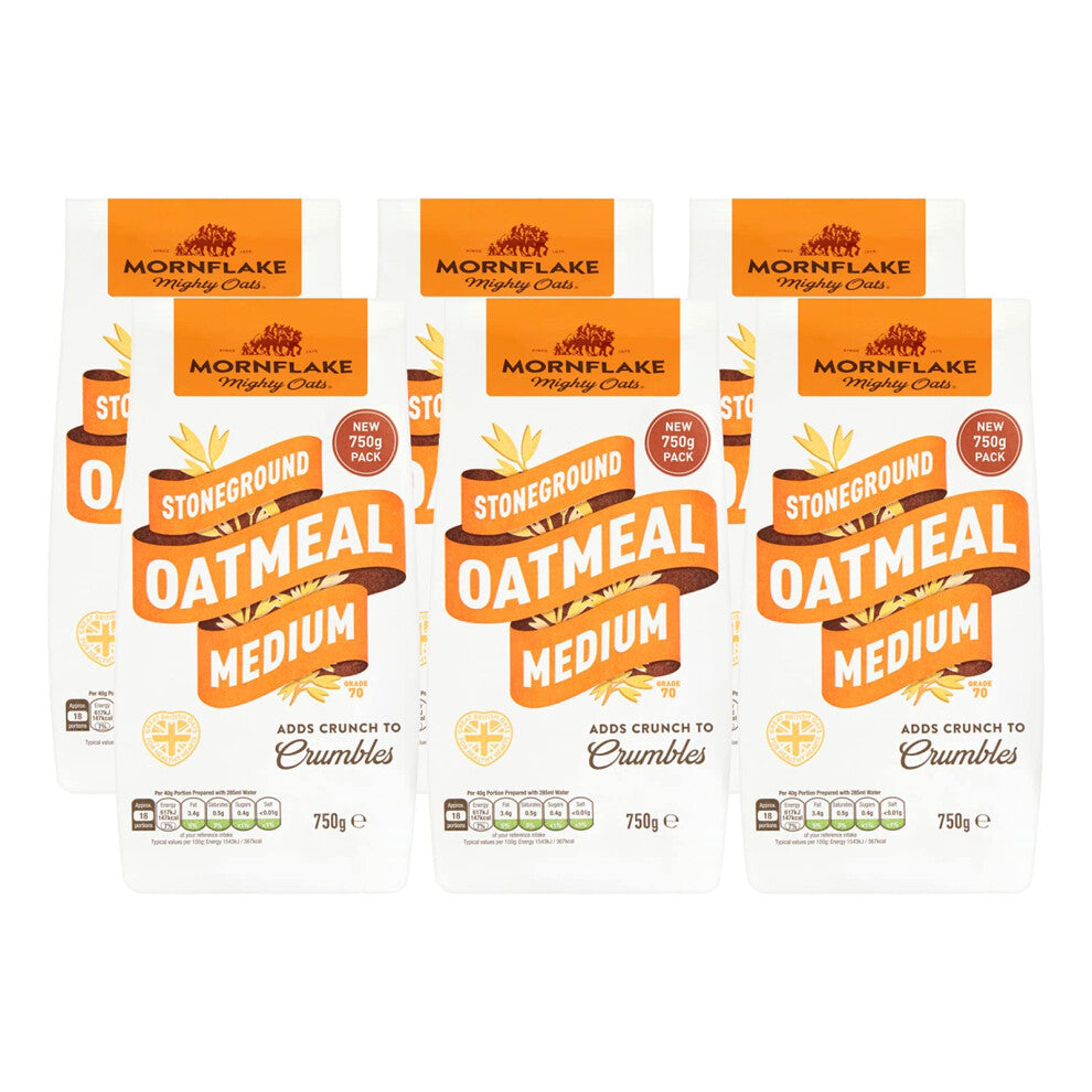 Mornflake - Mighty Oats Stoneground Medium Oatmeal 6x 750g. High In Fibre. Perfect For Breakfast Porridge Oats, Granola and Baking. Suitable For Vegan