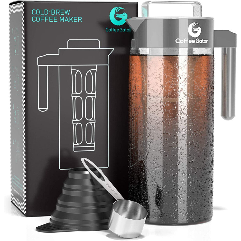 Coffee Gator Cold Brew Coffee Maker - 1.4L Iced Tea and Cold Brew Maker and Pitcher w-Glass Carafe, Filter, Funnel & Measuring Scoop - Grey