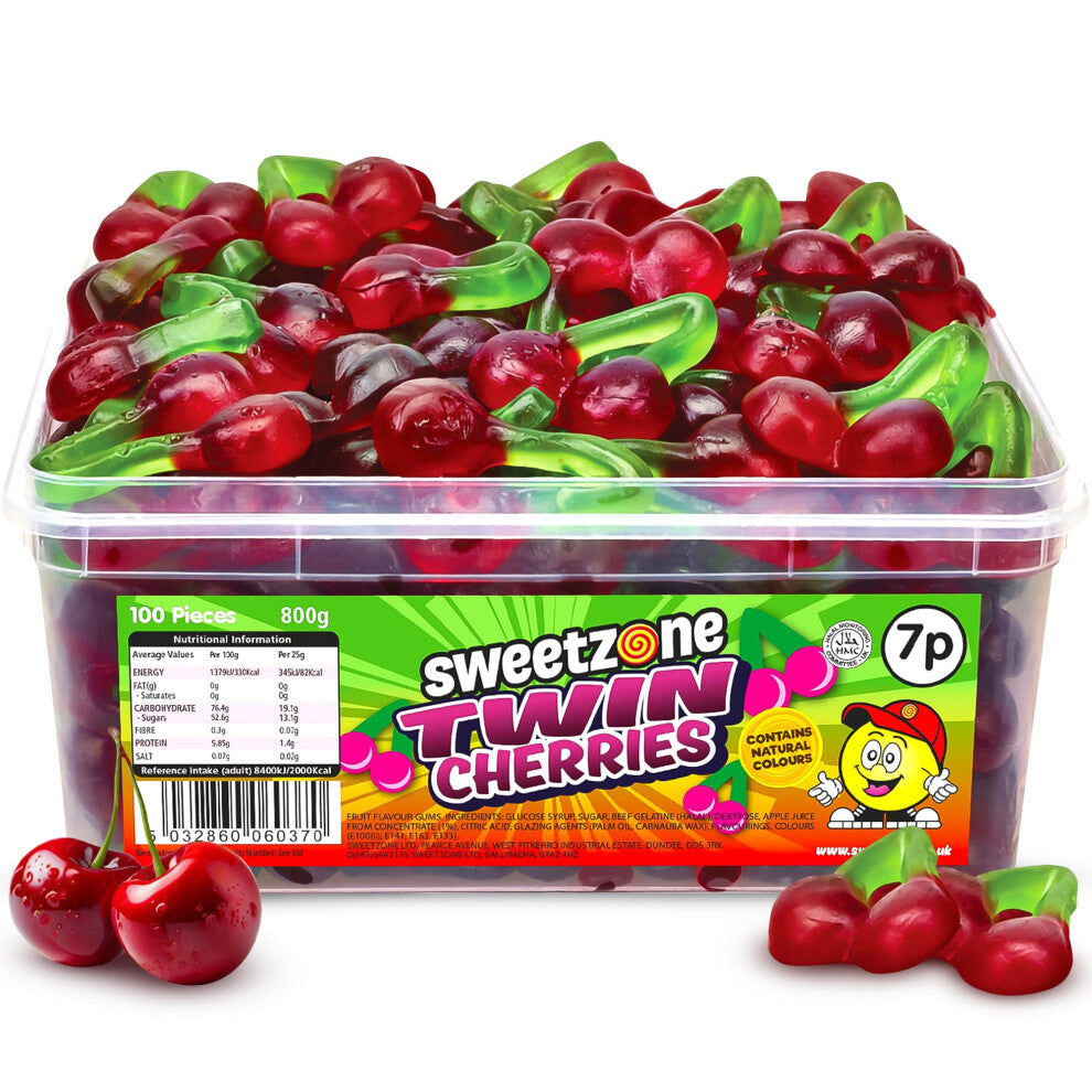 Twin Cherries 800 g, 100 Pcs Sweets Tub, Halal Sweets, Sour Sweets, Gummy Candy, Jelly Sweets, Gummies Candy, Tubs of Sweets for Retro Sweets for Your