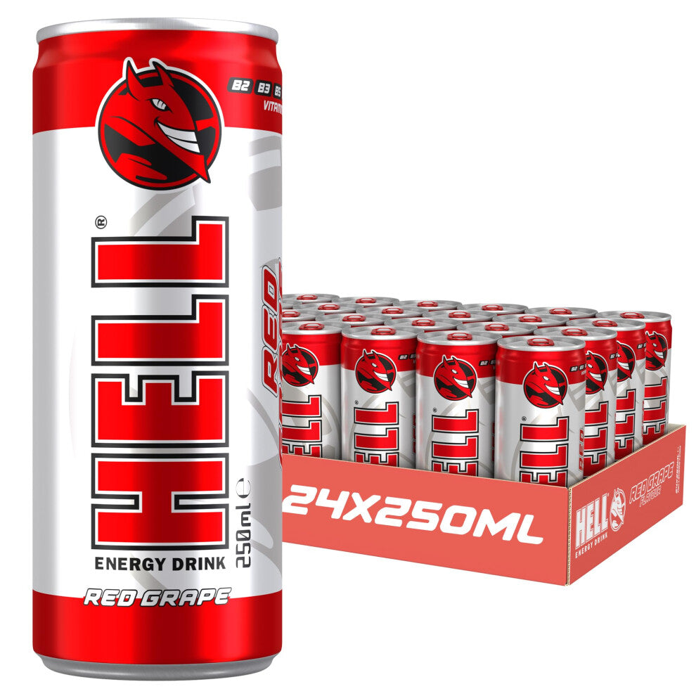 HELL Energy Drink Red Grape Flavour 24 x 250ml Cans Multipack 32mg-100ml Caffeine Contains Vitamins B2 B3 B5 B6 B12 Preservative Free Reduce Fatigue