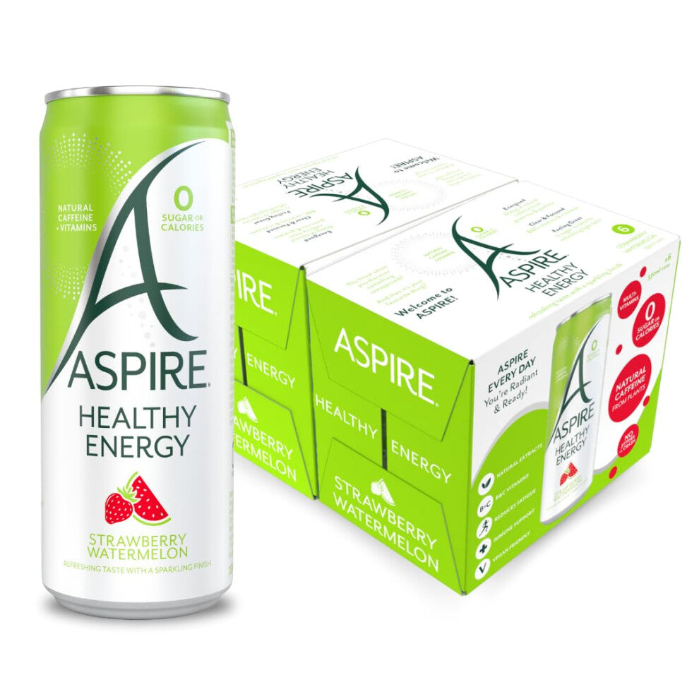 ASPIRE Healthy Energy Drink 12 x 330ml Cans Zero Calories & Zero Sugar Natural Plant Based Caffeine & Multivitamins Vegan Strawberry Watermelon