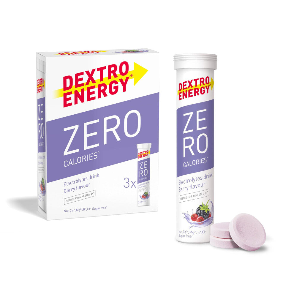 USP1455: Dextro Energy Zero Calories Electrolyte Drink - Berry - Sugar-Free, Vegan - 3 Tubes (60 Tablets) - 5 Electrolytes, 500-750 ml per tablet