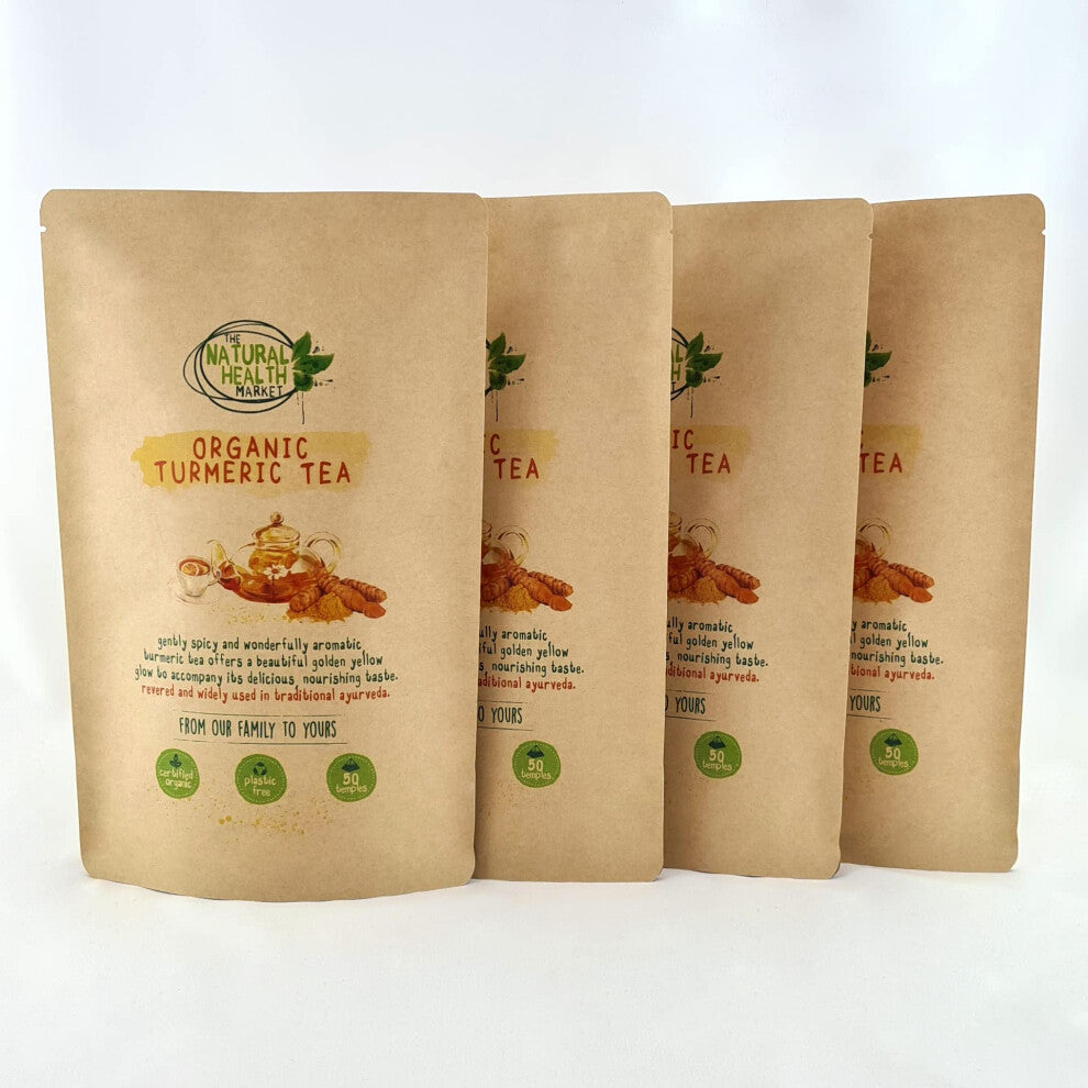 Organic Turmeric Tea Bags By The Natural Health Market | Gold Curcuma Longa Herbal Tea | Pure Turmeric Root | Plastic Free Filter Mesh and Outer