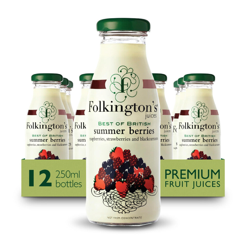 Folkington's Fruit Juice, Summer Berries, 12 Glass Bottles, Raspberries Strawberries Blackcurrants, Multipack 12 x 250 ml