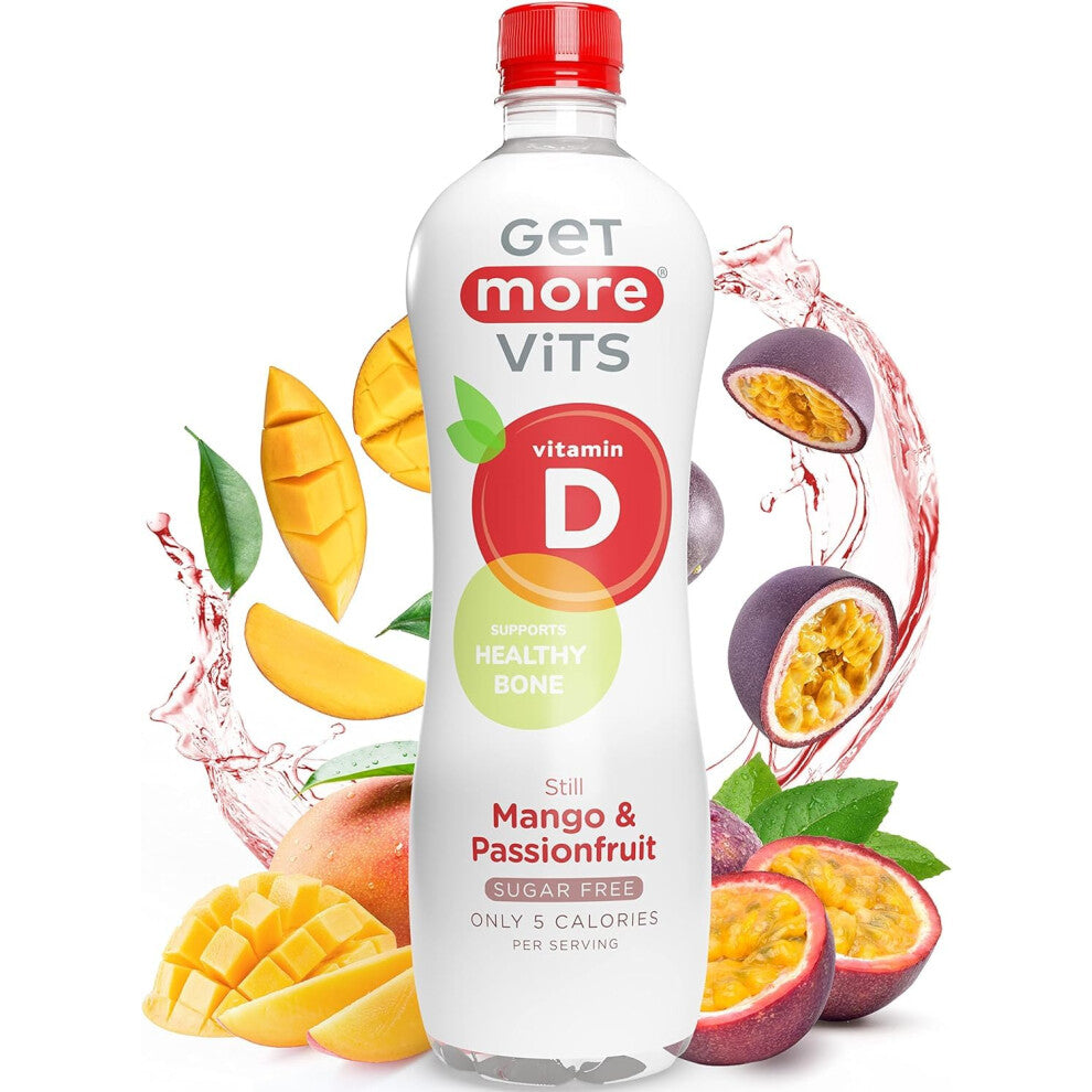 Get More Vits Vitamin D Still Mango & Passionfruit Spring Water 12x500ml Support Healthy Bones Teeth & Muscles Sugar Free Low Calorie Natural Flavours
