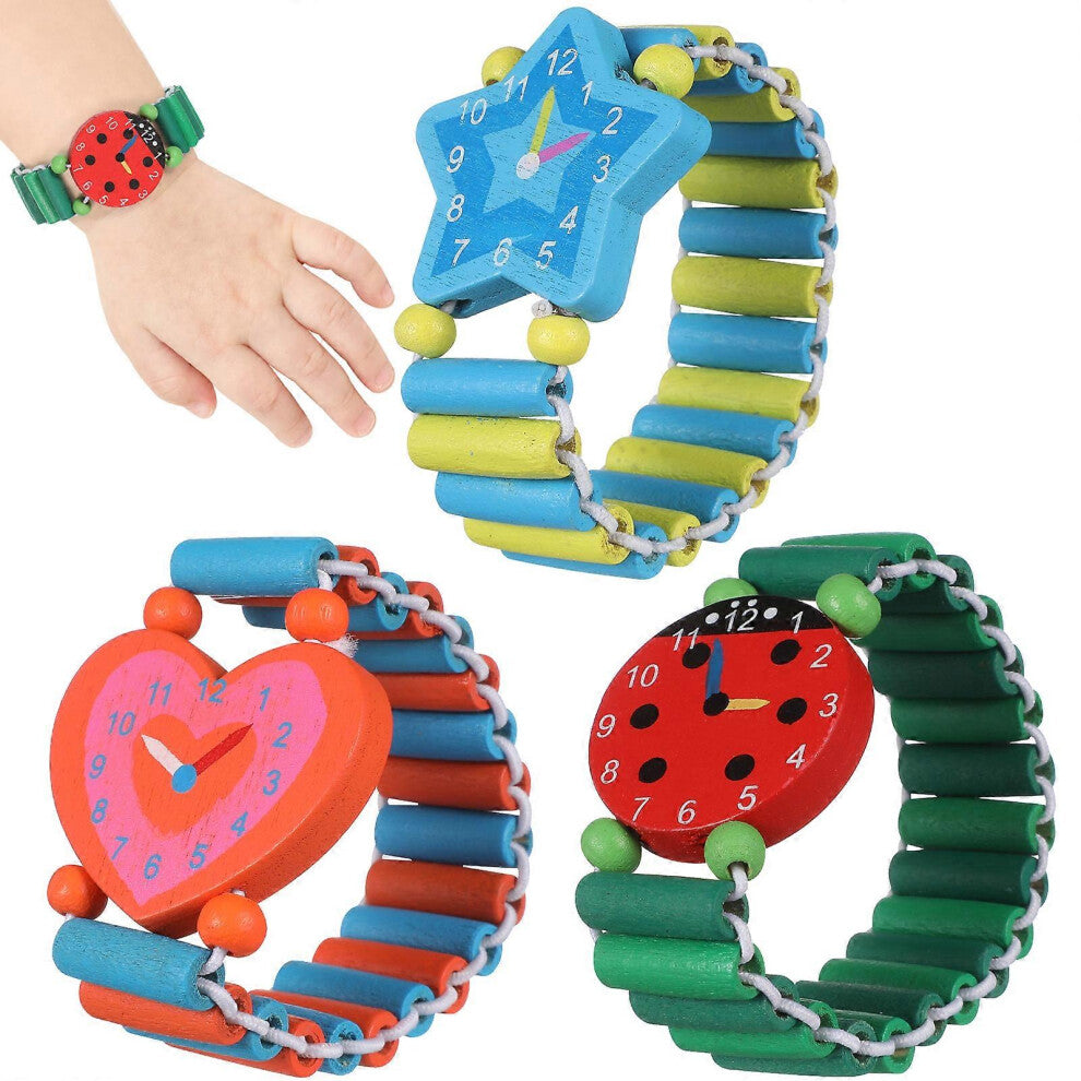 (As show, One size) 4 Pcs Educational Toys Girls Wooden Hand Watch Toy Children Wristwatch Toy Kids Wristband Stretchy Watch Toy
