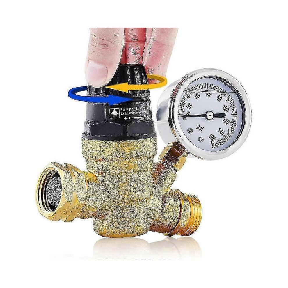 RV Water Pressure Regulator Valve, Adjustable Water Pressure Reducer with Gauge