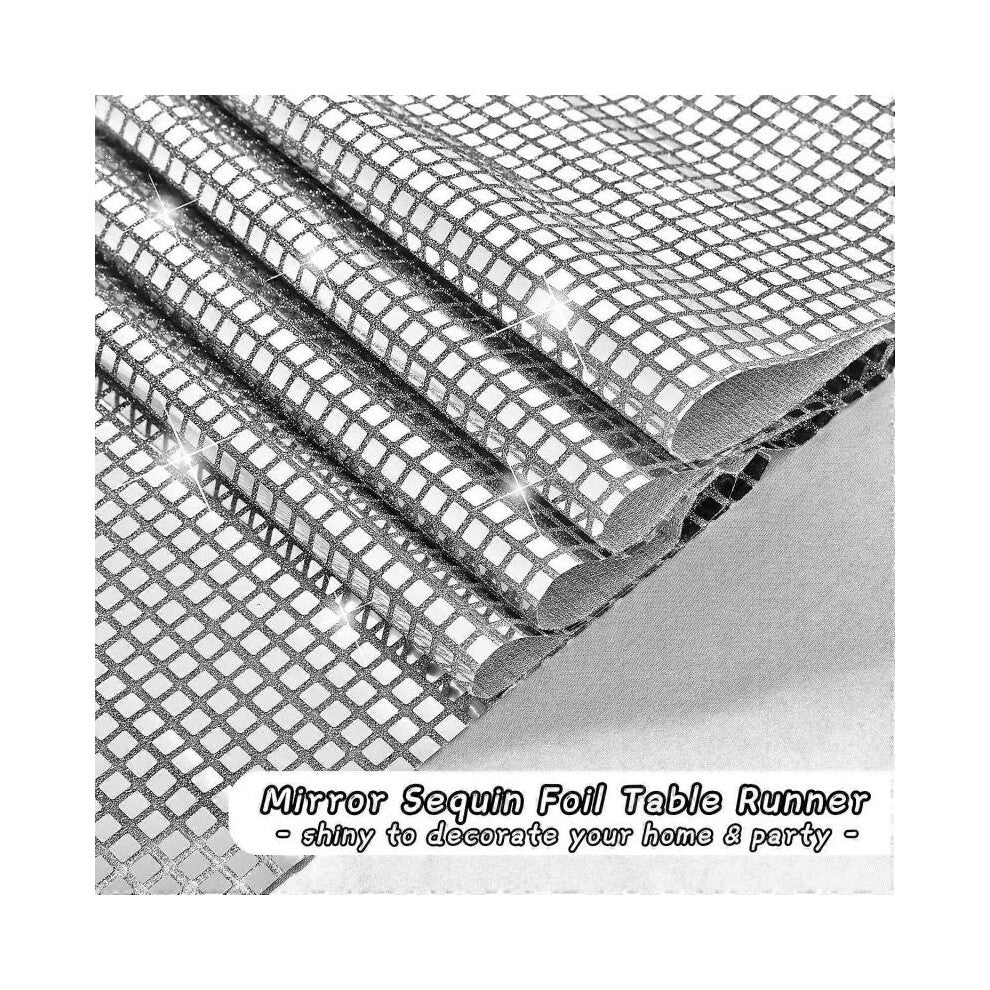 2 Pack Disco Party Table Runner Mirror Silver Glitter Foil with Sparkle Sequin