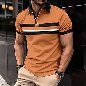 Men's Polo Shirt Golf Shirt Work Casual Lapel Short Sleeve Basic Modern Color Block Stripes Patchwork Button Spring  Summer Regular Fit Wine Yellow Pink Green