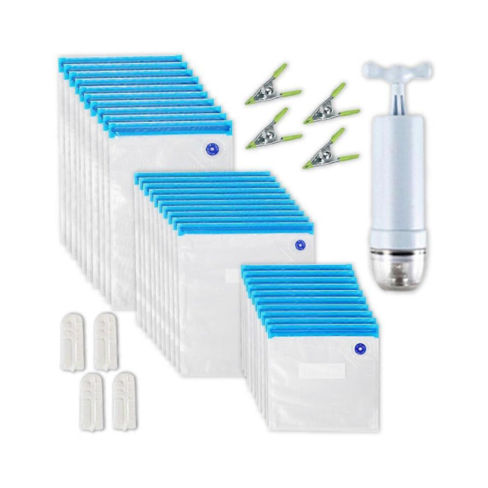 35PCS Vacuum Food Storage Bag Reusable Vacuum Sealer Bags 3 Sizes with 1 Hand Pump 4 Cooking Clips 4 Sealing Clips Sous Vide Bags for Vegetable Fuit M