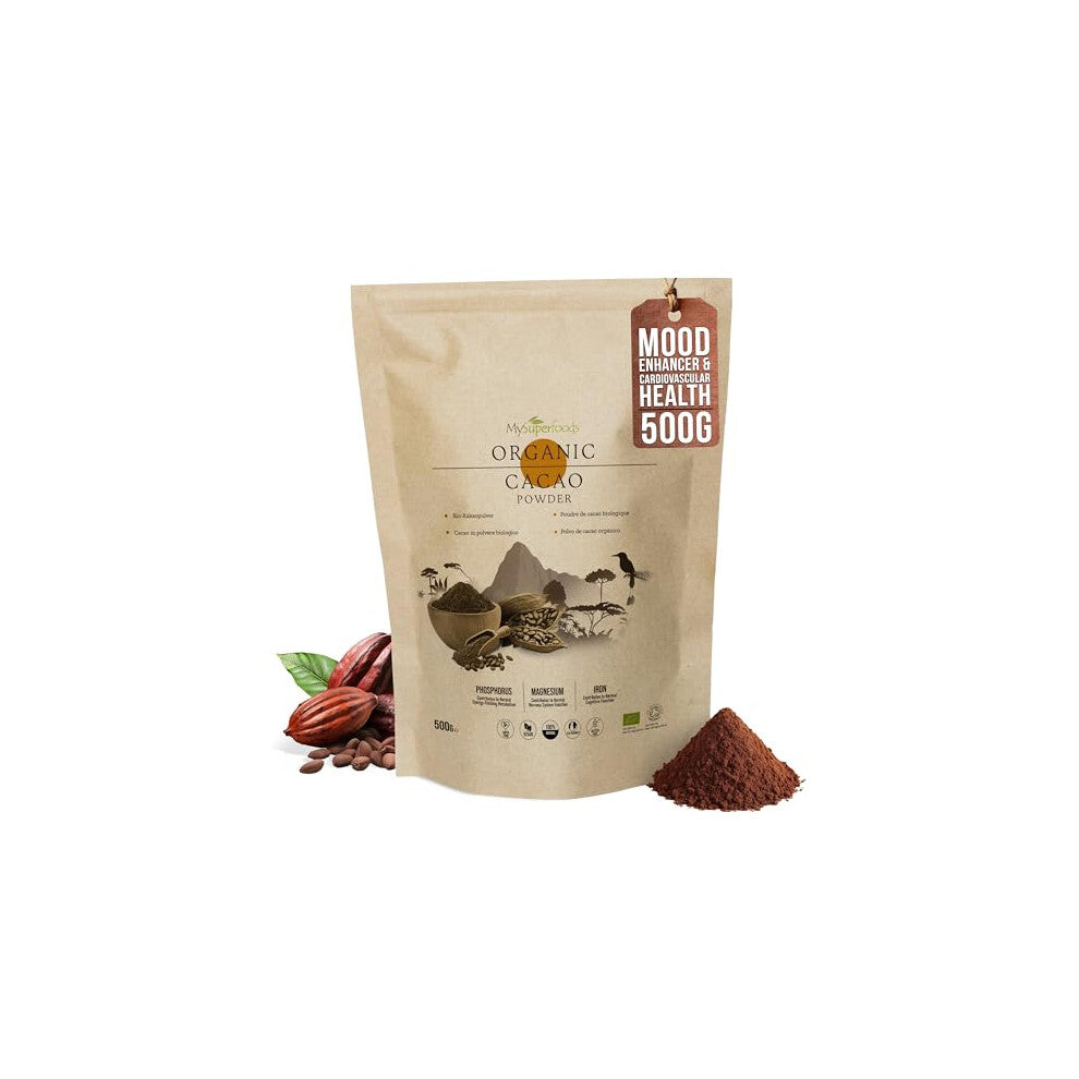 Organic Cacao-Cocoa Powder 500g | Pure & Unsweetened | Mood Enhancer & Cardiovascular Health | Natural Source of Magnesium | Perfect for Smoothies,