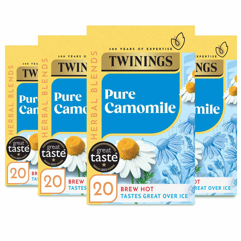 Twinings Pure Camomile Flavoured Tea - 80 BiodegradableTea Bags (Multipack of 4 x 20 Bags), Caffeine & Sugar Free Herbal Vegan Tea , Soothing &
