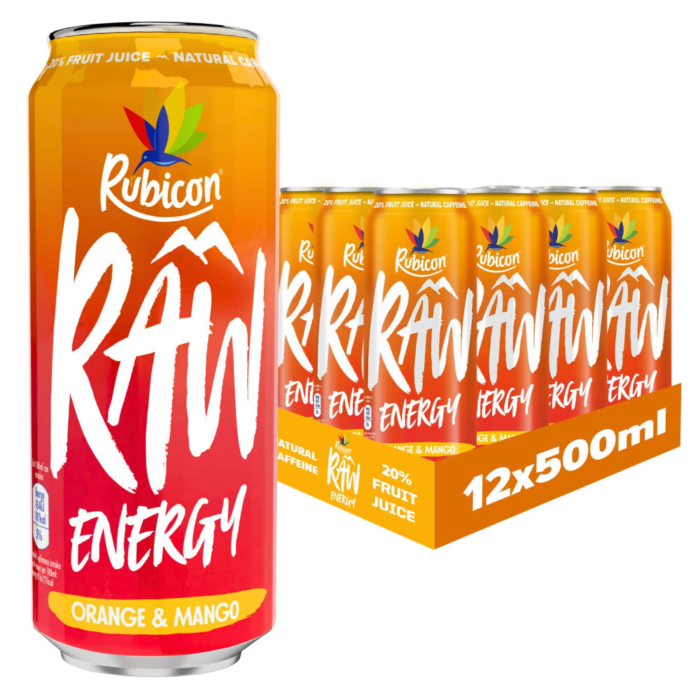 Rubicon RAW 12 Pack Orange & Mango 500ml Energy Drink, 20% Real Fruit Juice, High caffeine with B-Vitamins, Ginseng & Guarana, No Artificial Colours
