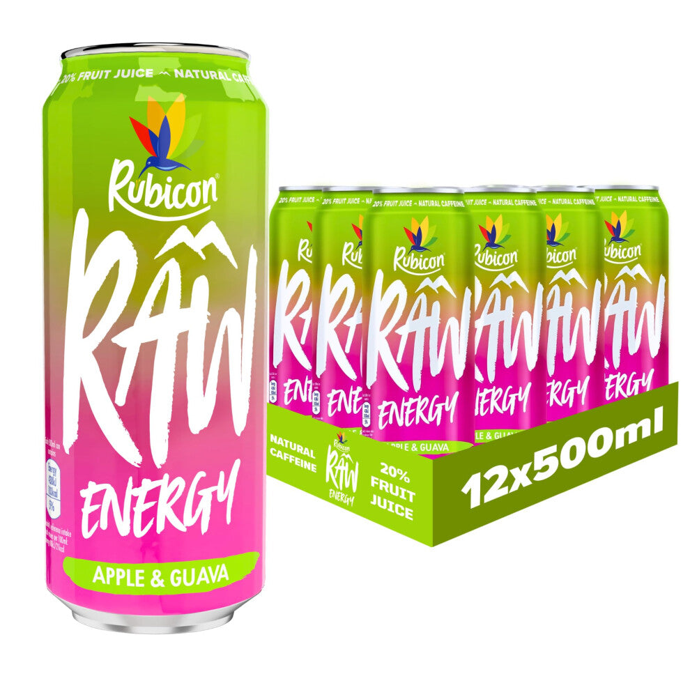 Rubicon RAW 12 Pack Apple & Guava 500ml Energy Drink, 20% Real Fruit Juice, High caffeine with B-Vitamins, Ginseng & Guarana, No Artificial Colours or