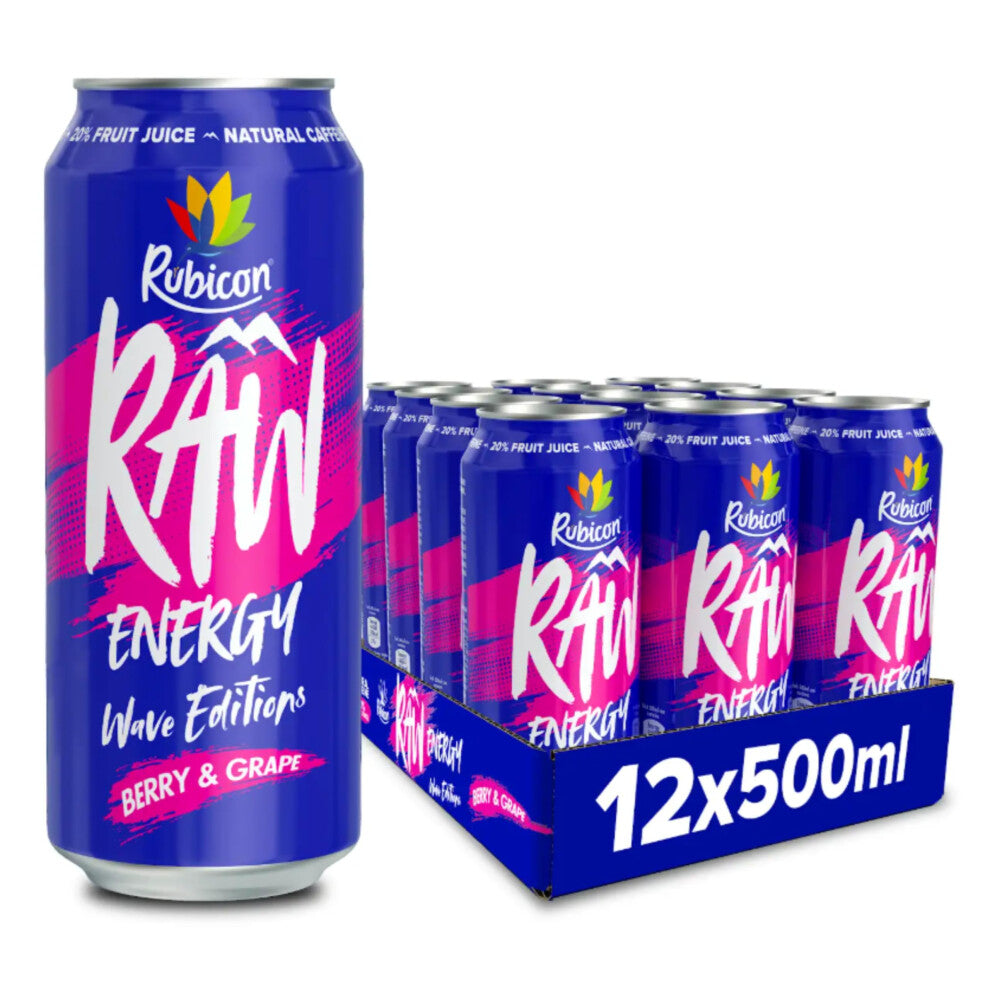 Rubicon RAW 12 Pack Berry & Grape Wave Edition Energy Drink, 20% Real Fruit Juice, High caffeine with B-Vitamins, Ginseng & Guarana, No Artificial