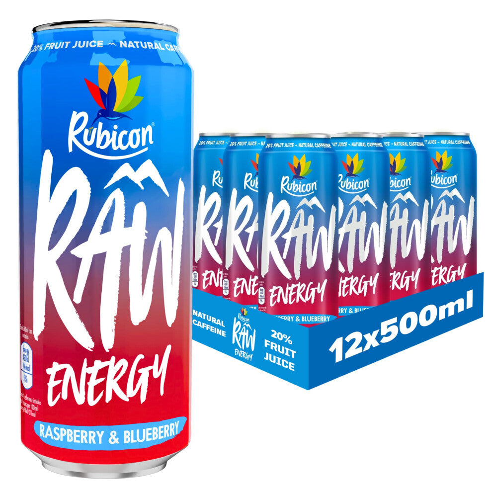 Rubicon RAW 12 Pack Raspberry & Blueberry 500ml Energy Drink, 20% Real Fruit Juice, High caffeine with B-Vitamins, Ginseng & Guarana, No Artificial