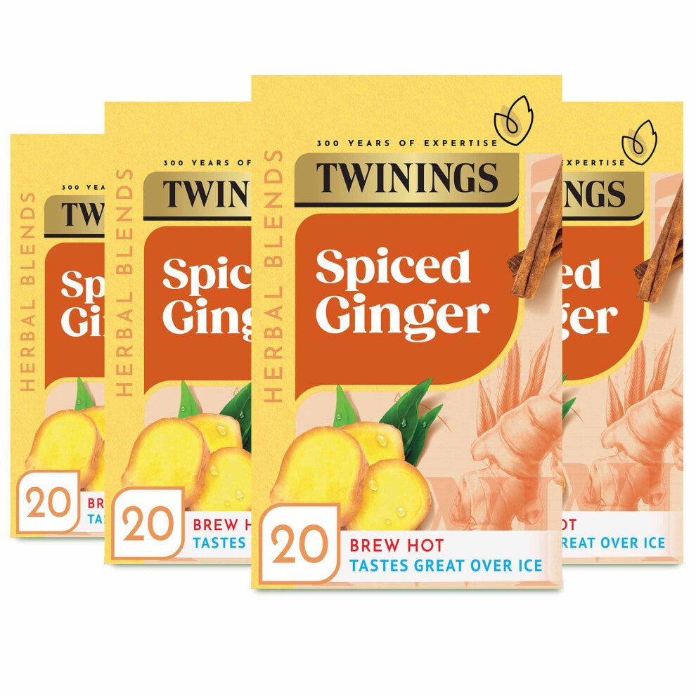 Twinings Ginger FlavouredTea - 80 Biodegradable Tea Bags (Multipack of 4 x 20 Bags) , Warming Herbal Blend, Caffeine-Free, Multipack for Convenience