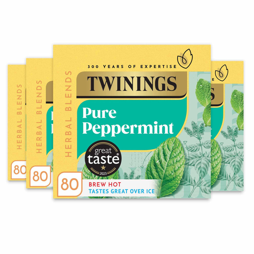 Twinings Pure Peppermint Flavoured Tea Bags - 320 Biodegradable Bags (Multipack of 4 x 80), Caffeine & Sugar Free Herbal Tea for Digestion &