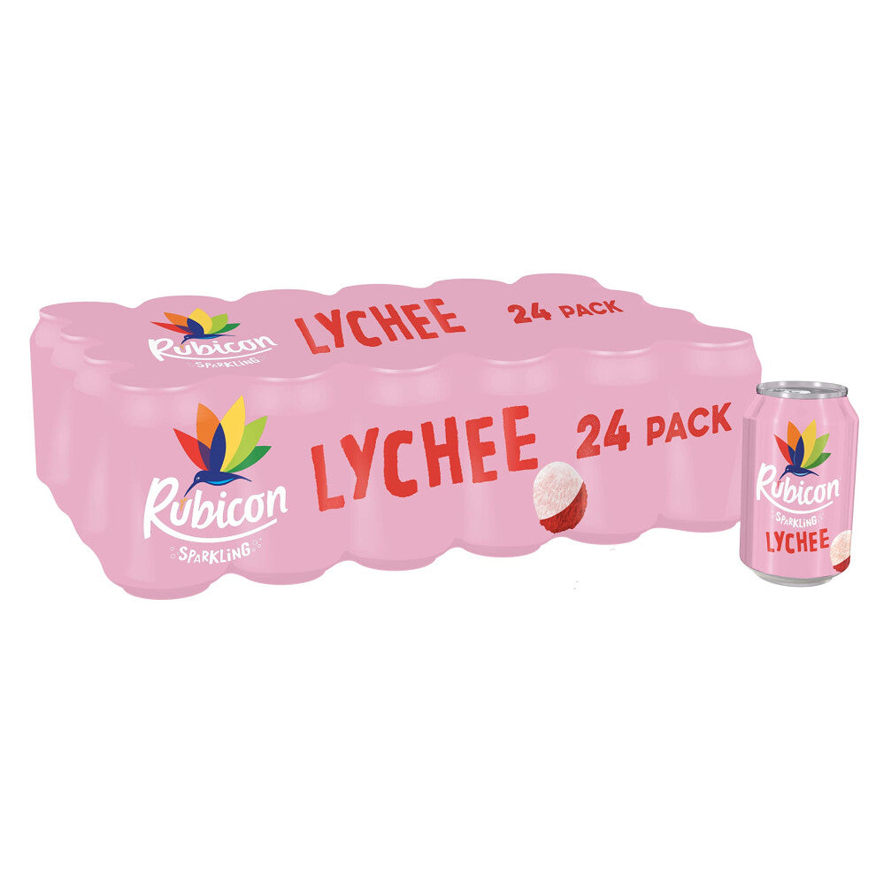Rubicon 24 Pack Sparkling Lychee Flavoured Fizzy Drink with Real Fruit Juice, Handpicked Fruits for a Temptingly Intense Taste "Made of Different