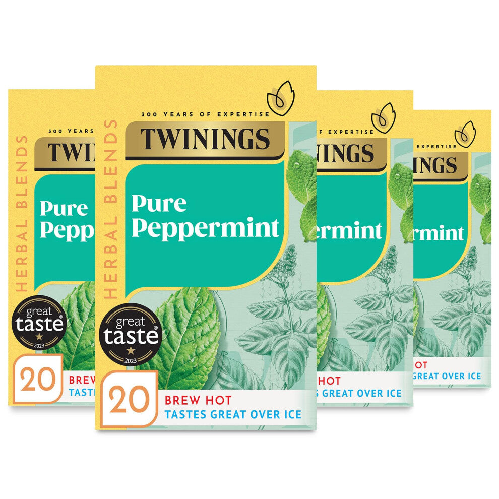 Twinings Pure Peppermint Flavoured Tea Bags - 80 Biodegradable Bags (Multipack of 4 x 20), Caffeine & Sugar Free Herbal Tea for Digestion &