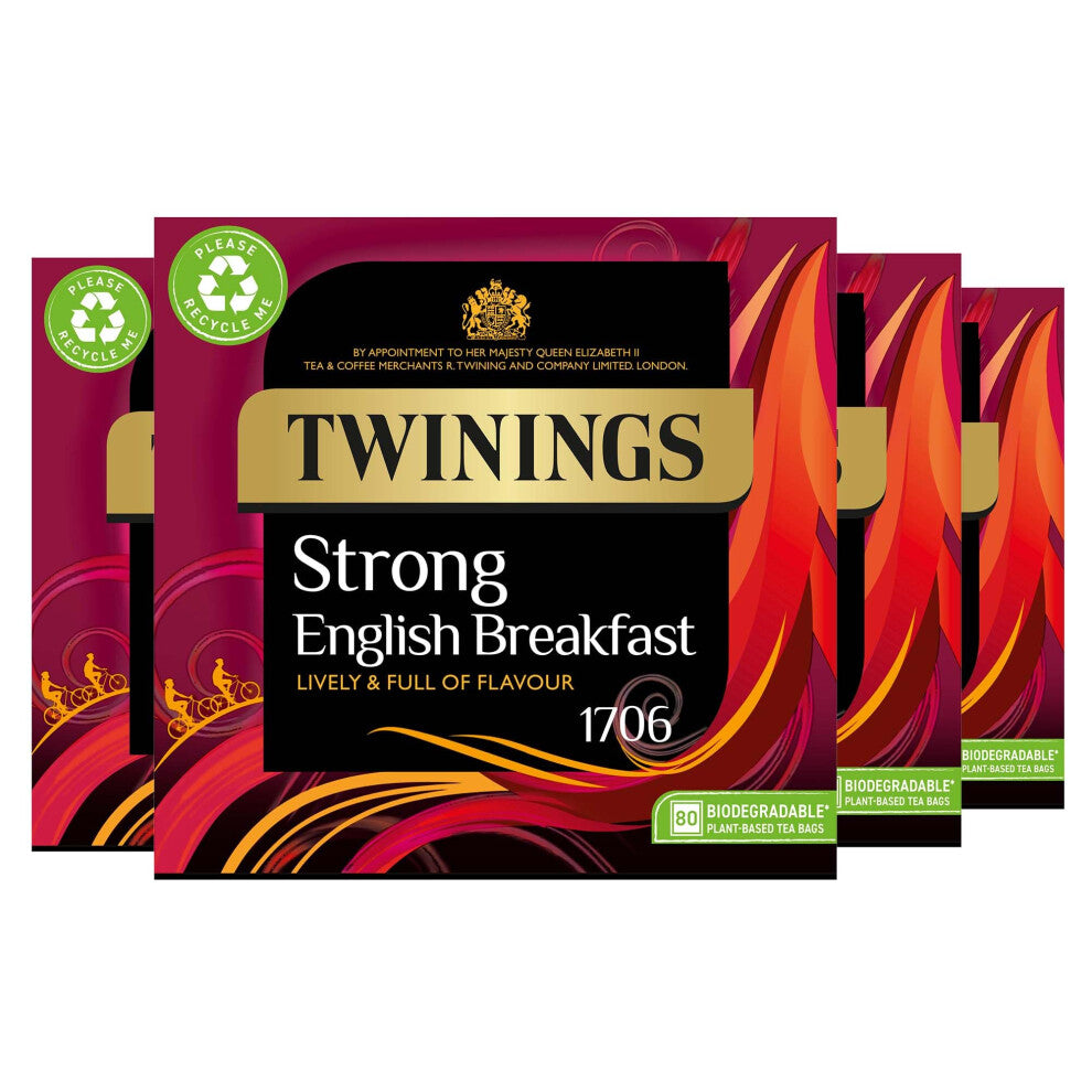 Twinings English Strong Breakfast Tea | Bold, Lively & Full of Flavour Black Tea | Multipack Bulk Buy, 320 (4 x 80) Biodegradable Tea Bags