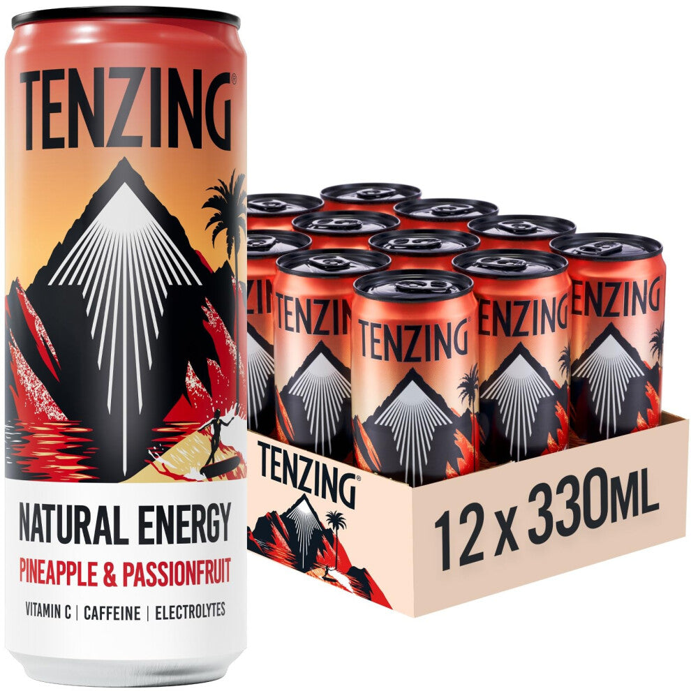 TENZING Natural Energy Drink, Plant Based, Vegan, & Gluten Free Drink, +BCAA, Pineapple & Passionfruit, 330ml (Pack of 12) - Packaging may vary