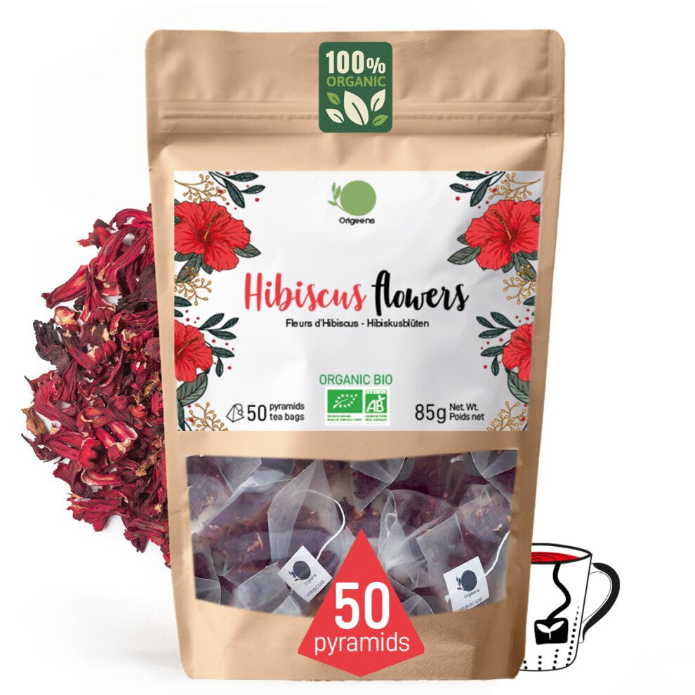 ORIGEENS 50 Hibiscus Tea Bags - Organic Hibiscus Tea | Hibiscus Flower for Infusions, Iced Tea, Karkade | Dried Hibiscus Flowers, Draining Detox