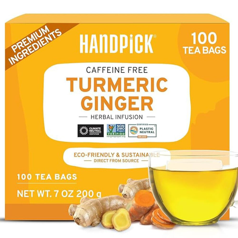 HANDPICK, Turmeric Ginger Tea Bags - 100 Herbal Tea Bags | Caffeine Free, Gluten Free | Made from 100% Pure Turmeric & Ginger Root | Curcumin | Packed