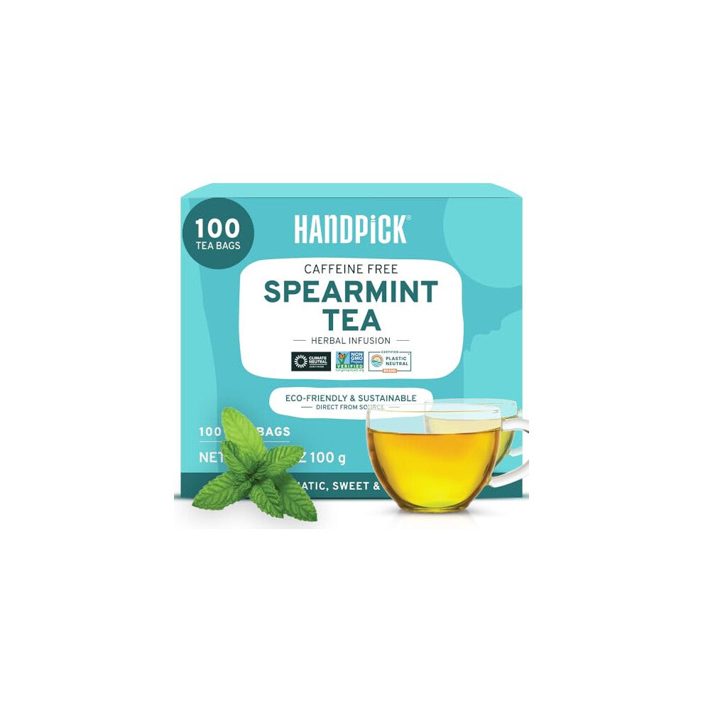HANDPICK, Spearmint Tea Bags (100 Count) Non-GMO, 100% Pure Spearmint Leaf Tea Bags Certified by Tea Board of India | Round Eco-Conscious Teabags