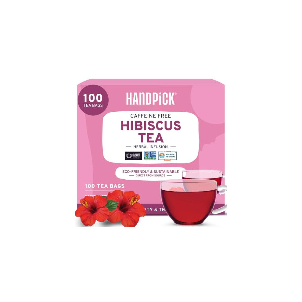 HANDPICK, Hibiscus Tea Bags - 100 Count | 100% Pure Ingredients- Hibiscus Flowers | Brew Hot, Iced Tea or Kombucha Tea | Round Herbal Tea Bags