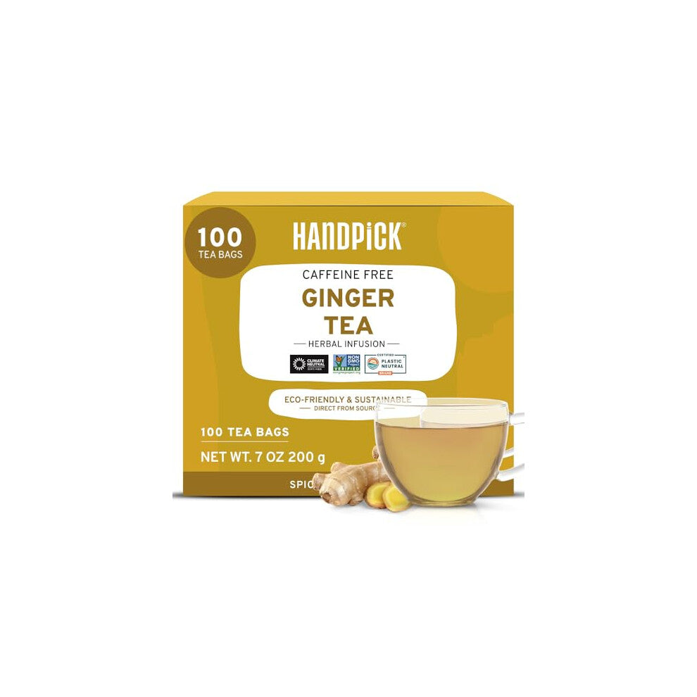 HANDPICK, Ginger Tea Bags (100 Count) Non-GMO,Pure Ingredients - Soothing & Spicy Blend | Round Eco-conscious Tea Bags | Herbal Tea Bags