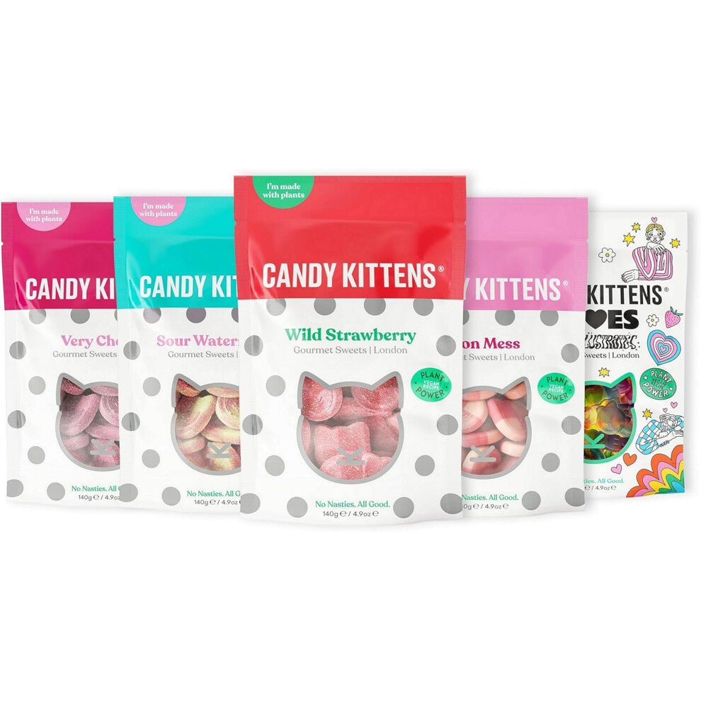 Candy Kittens Vegan Sweets CORE Selection (5 x 140g), Vegan Chewy Sweets Bundle - Wild Strawberry, Sour Watermelon, Very Cherry, Eton Mess & LOVES,