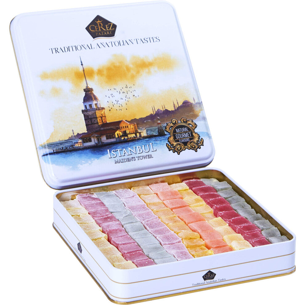 Cerez Pazari Turkish Delight Candy Gift Basket 725g, Gourmet Lokum Dessert Corporate, Christmas, Thanksgiving, Halloween Food Gifts in Elegant Tin Box