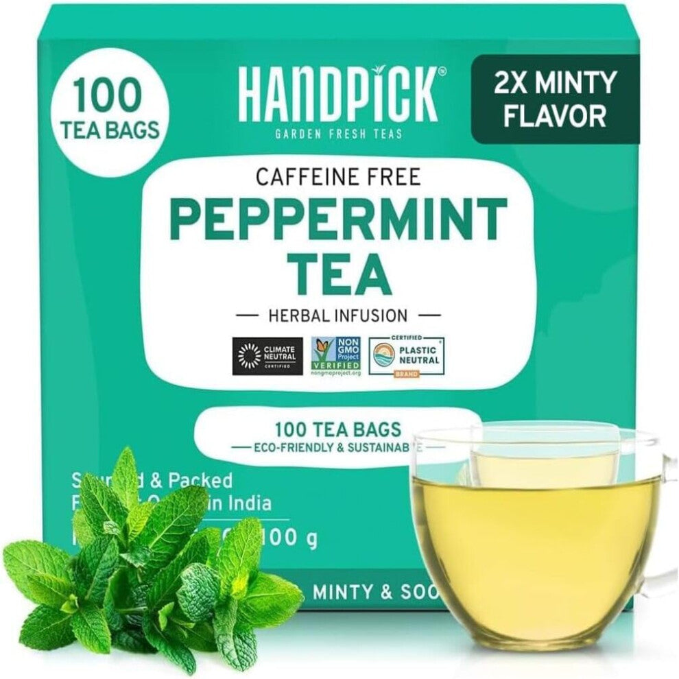 HANDPICK, Peppermint Tea Bags (100 Count) Non-GMO, 100% Pure Peppermint Herbal Tea Bags - Minty, Fresh & Cool flavor | Premium Round Eco-conscious Tea