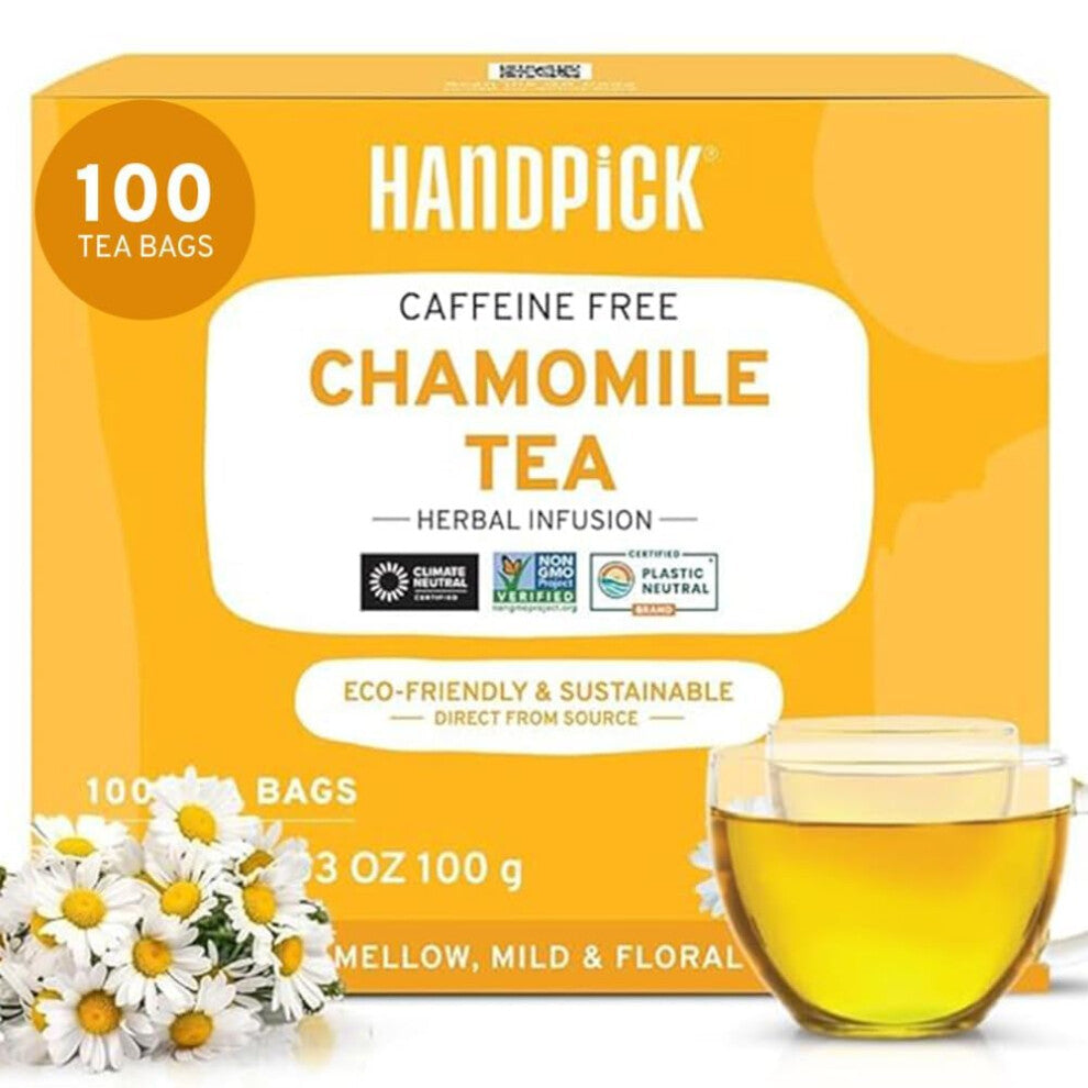 HANDPICK, Chamomile Tea Bags (100 Herbal Tea Bags) Caffeine Free, | Floral Chamomile Herbal in Eco-Conscious Bags | Direct from Source
