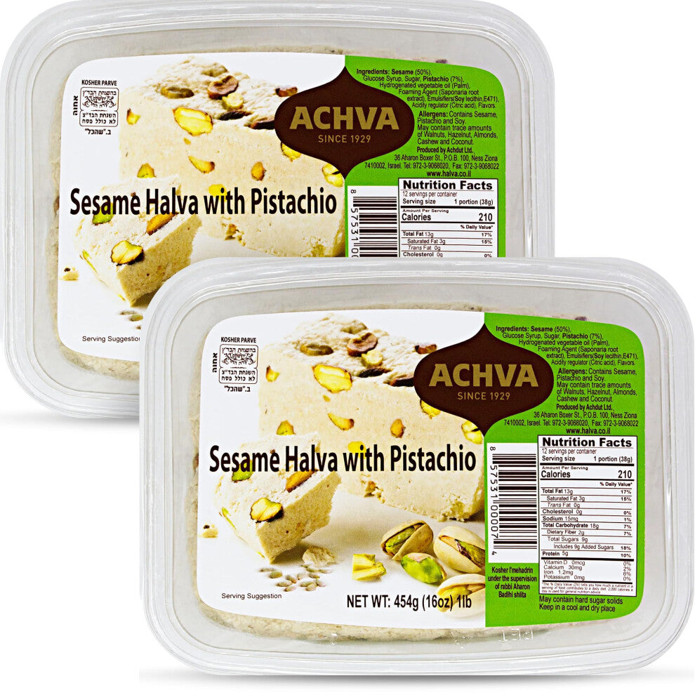 Achva Halva Pistachio - Authentic and Delicious Halvah Halwa - Natural Source of Protein - Vegan & Kosher Healthy Snacks - Halvas 2-Pack (450g per