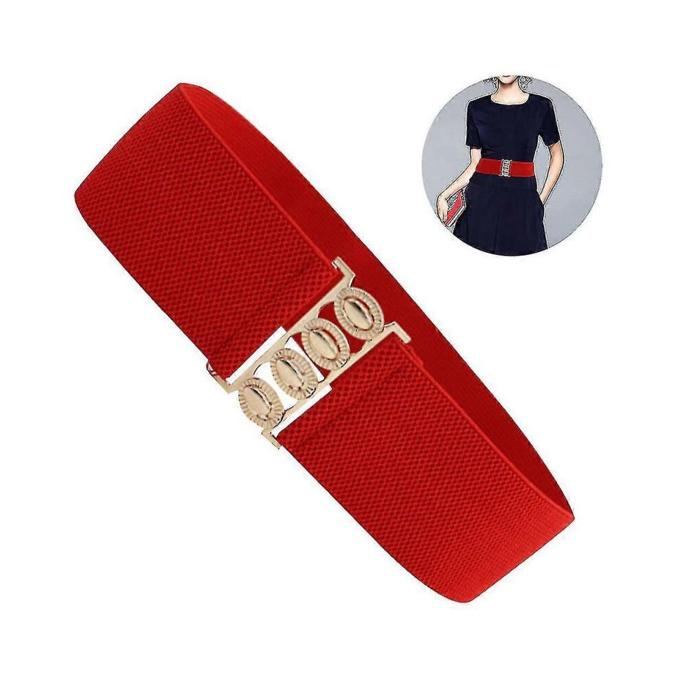 Belt, Women's Elastic Waist Belt with Decorative Gold - Tone Buckle, Red, Stylish Accessory for Dresses