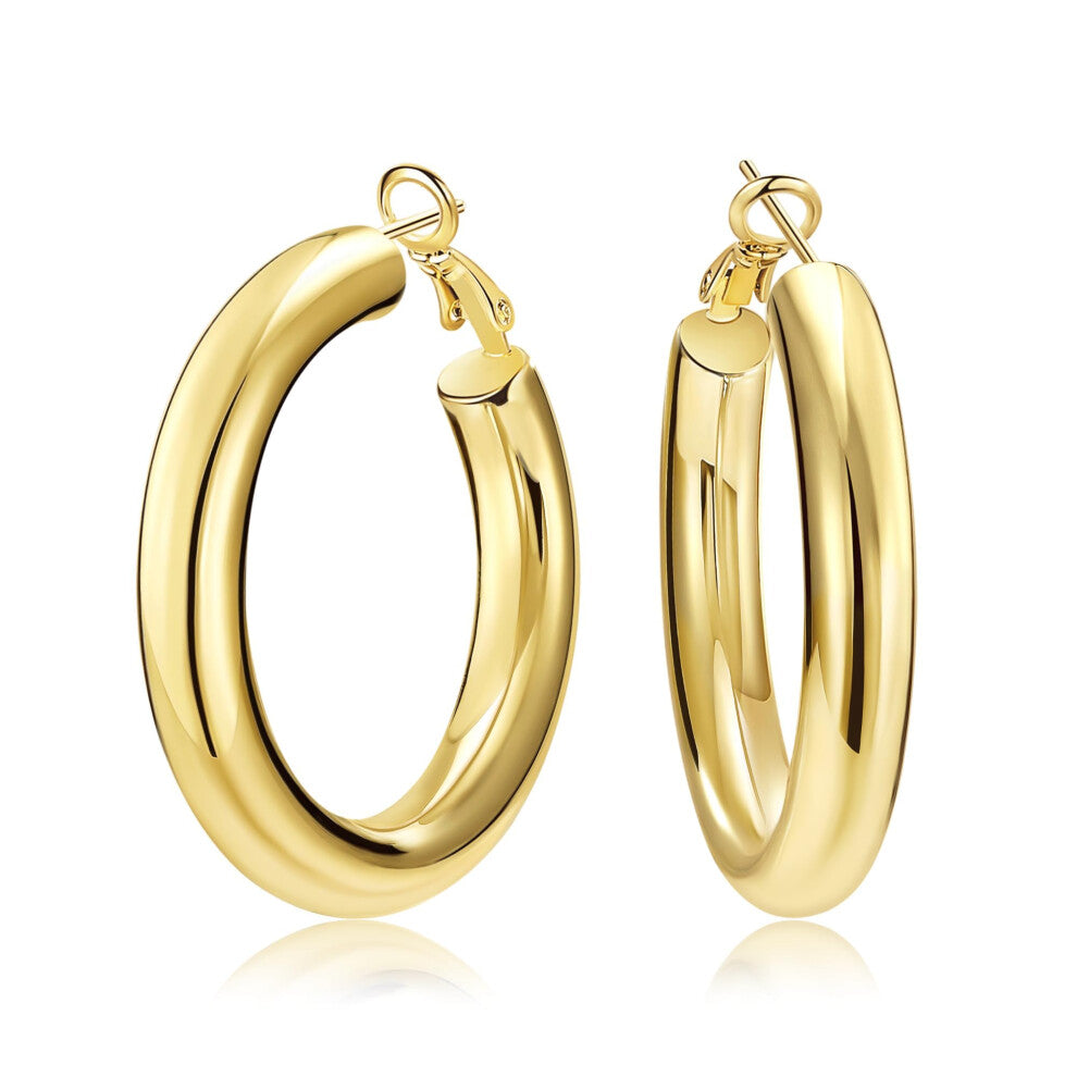 SHOWNII Chunky Gold Hoop Earrings - 14K Rose Gold Plated Earrings for Women Hollow Tube Thick Hoops