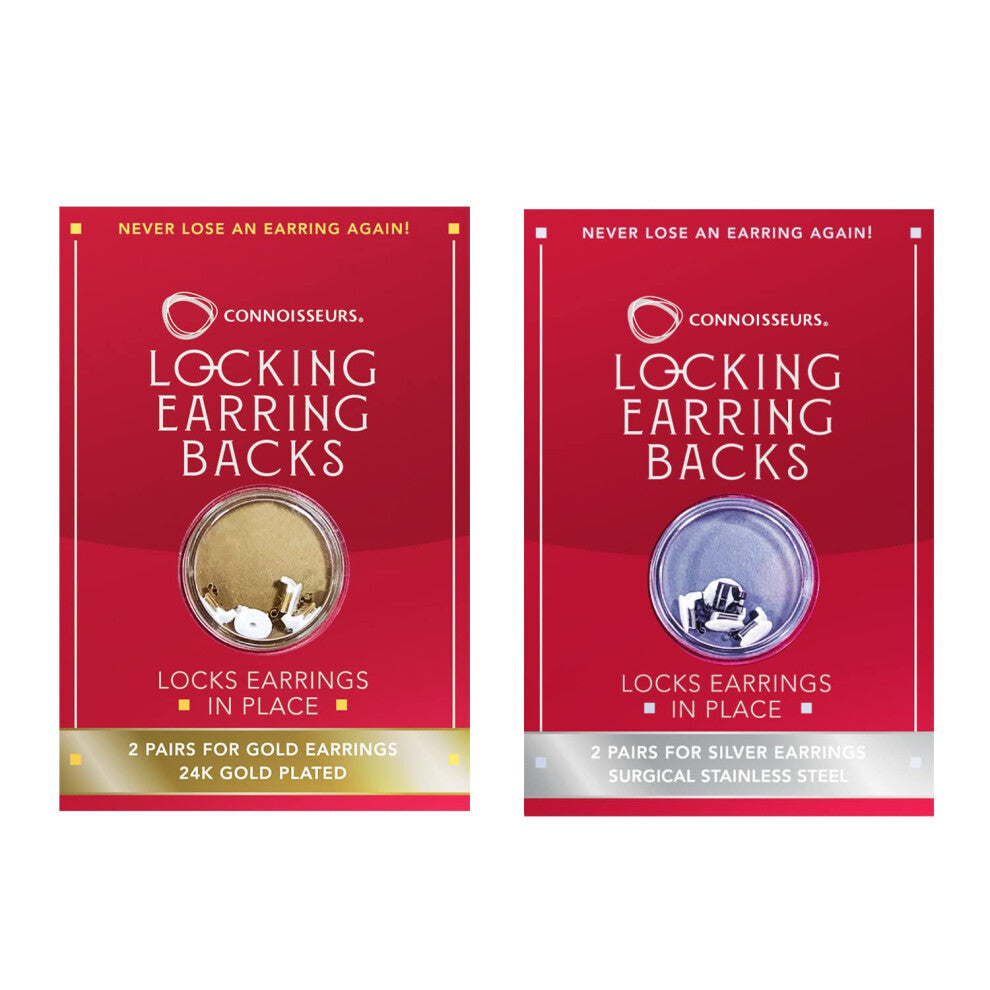 CONNOISSEURS Locking Earring Backs - Hypoallergenic Earring Backs for Studs  Hoops  and More - Never Lose an Earring Again - for Silver and Gold Earri