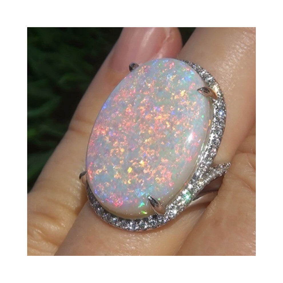 (7) Plated Silver White Fire Opal Gemstone Ring Wedding Women Jewelry Engagement