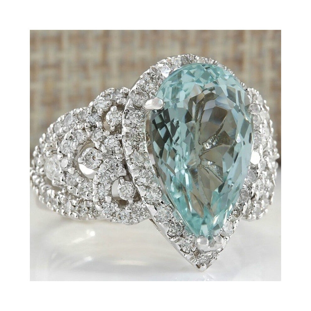 (Light blue, 9) Natural Huge Aquamarine Silver Woman Jewelry Wedding Engagement Ring 610 Size