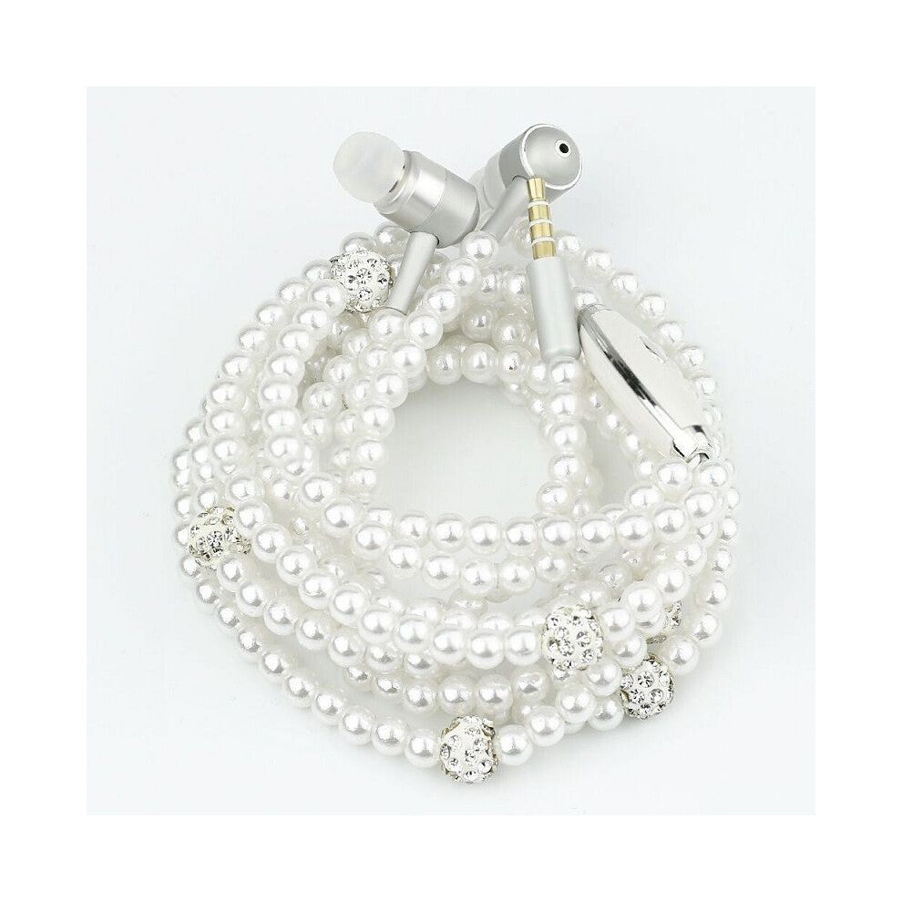 (White) Jewelry Fashionable Pearl Necklace Earphones Mic Beads 35mm Headphone Inear