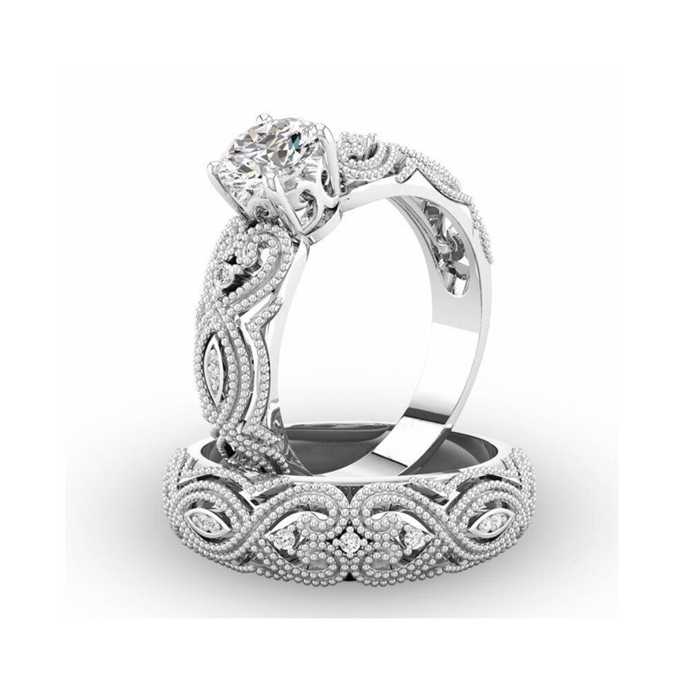 (7, 7) 2in1 Womens White Retro Engagement Wedding Band Heart Rings Set Bride Ring