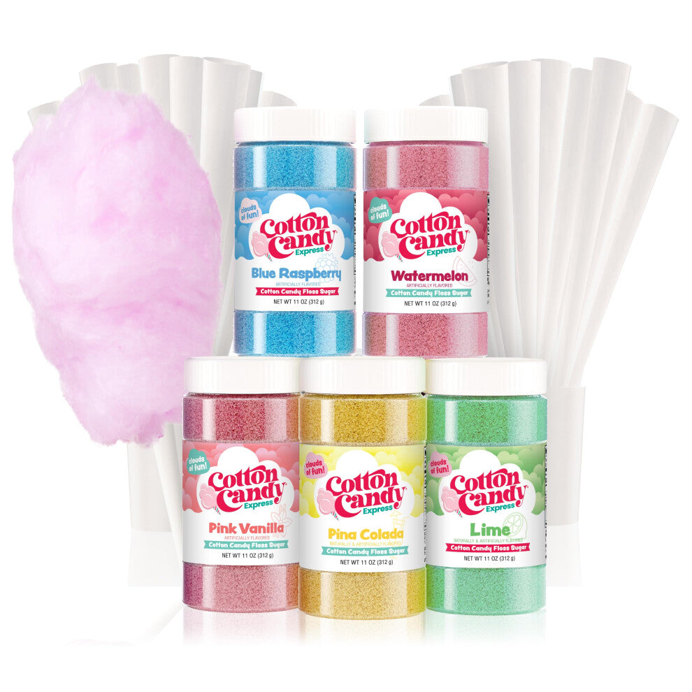 Cotton Candy Express Floss Sugar Variety Pack with 5 - 11oz Plastic Jars of Lime  Watermelon  Pina Colada  Blue Raspberry  Pink Vanilla Flossing Sugar